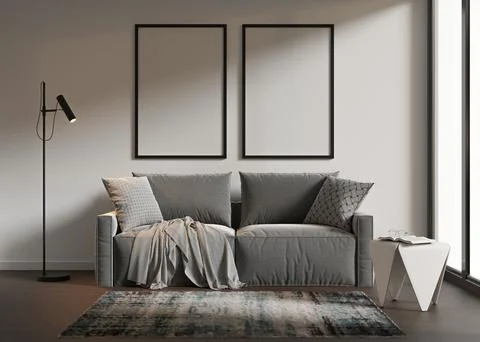 Two empty vertical picture frames on white wall in modern living room. Mock up Stock Illustration