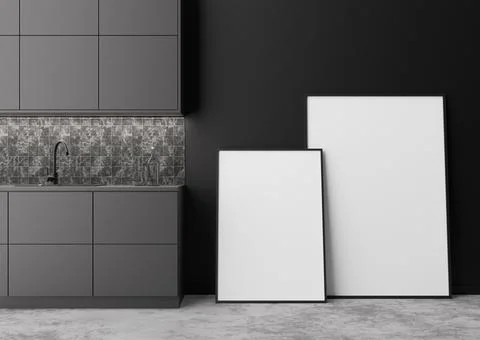 Two empty vertical picture frames in modern kitchen. Mock up interior in cont Foto stock