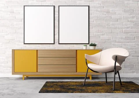 Two empty vertical picture frames on white brick wall in modern living room.  Stock Photos
