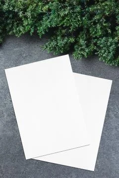 Two empty white rectangle poster or card mockups with border of fluffy green Stock Photos