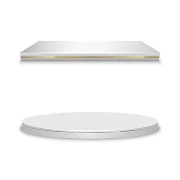 Two empty white stages. Square and round empty podiums. Square and round pl.. Stock Illustration