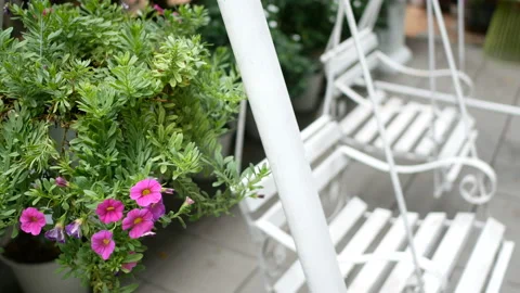 Two empty white swings swaying in a green garden with flowers for relaxing Stock Footage 135726827