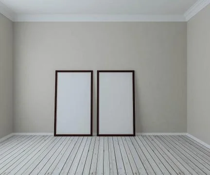 Two empty wood frames on empty wall. For mockup. 3D Illustration Stock Photos