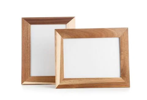 Two empty wooden picture frames with blank white space for copy, isolated on  Stock Photos