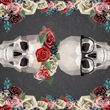 Two enamored skulls in low poly style. Woman with wreath. Man with glasses. Stock Illustration