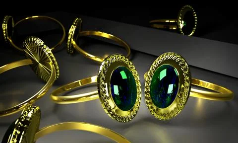 Two engagement gold rings with gem in storefront. Stock Illustration