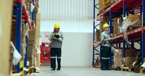 Two engineer checking product stock in warehouse. Stock Footage 252174954