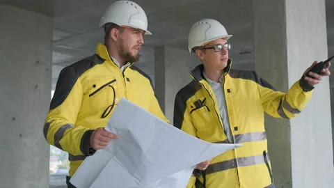 Two Engineer In Helmets With Tablet Device And Big Paper Drawings Discussing Stock Footage 114539964
