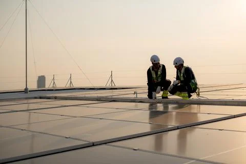 Two engineer inspecting solar panel on roof of building, team man worker or.. Stock Photos
