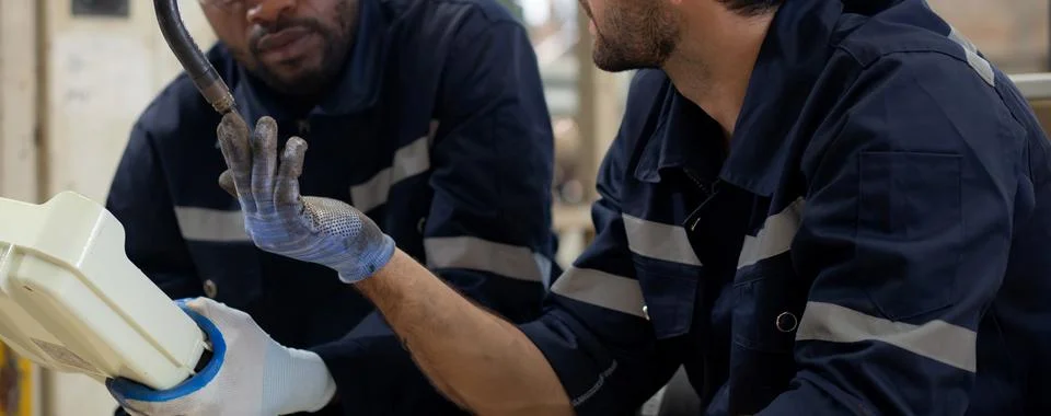 Two engineer man working with machine robot automatic together at factory, .. 스톡 사진