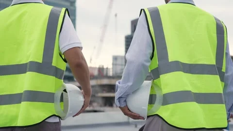 Two Engineer men wearing safety gear and holding hard hats. One of them is .. Видео 280732578