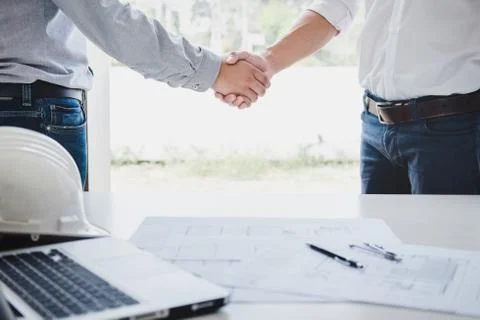Two engineer or architect meeting for project, handshake after consultation a Stock Photos