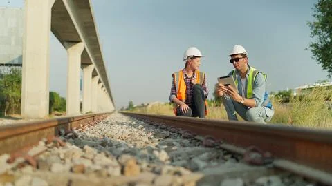 Two engineer using tablet discussion and inspection construction process railway 스톡 사진