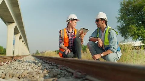 Two engineer using tablet discussion and inspection construction process railway 写真素材