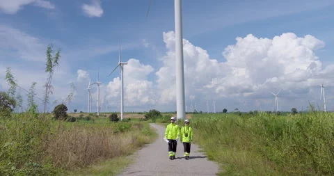 Two engineer walking side by side on wind farm road under blue sky discussing Stock Footage 337161997