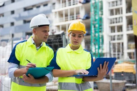Two engineers are discussing an important project, holding a laptop and an Stock Photos