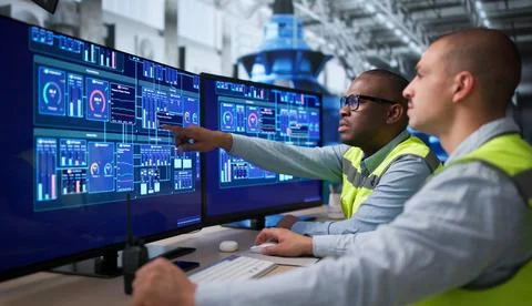 Two Engineers Are Reviewing Data On Computer Screens In Clean SCADA Room. Foto stock