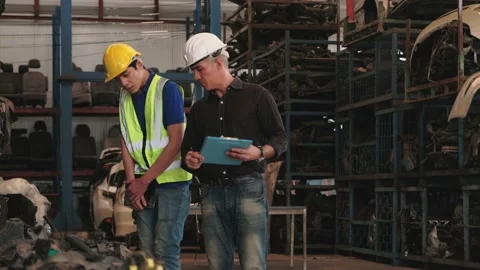 Two engineers checking engine parts in a warehouse. Stock Footage 153951553