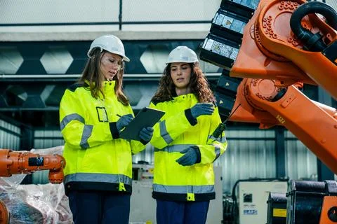 Two engineers collaborate on project in modern industrial facility during d.. Stock Photos