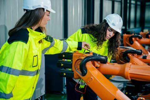 Two engineers collaborate on robotic machinery in a modern industrial facil.. Stock Photos