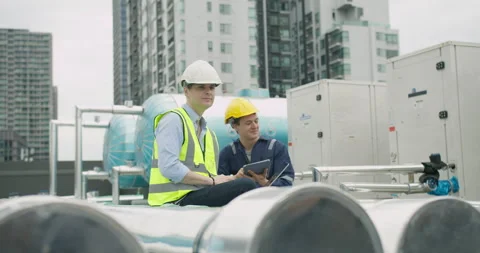 Two engineers collaborate on a rooftop Stock Footage 336907284