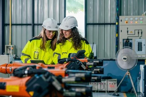 Two engineers collaborating on robotic technology in a modern factory setti.. Stock Photos