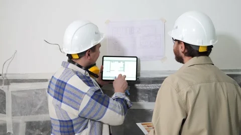 Two engineers compare documentation on an electronic tablet and on paper Stock Footage 236055114