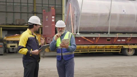 Two engineers conduct a quality control check on heavy cargo Stock Footage 334328775