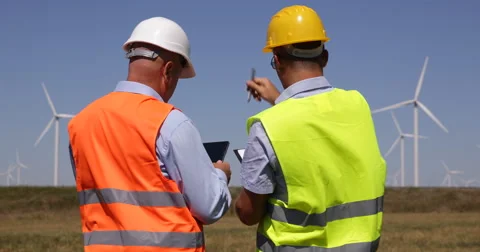 Two Engineers Cooperation Wind Turbines Mills Farm Men Collaboration People Talk Stock Footage 54539682