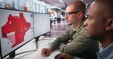 Two Engineers Develop 3D CAD Models Together Using Software At Office. Stock Photos