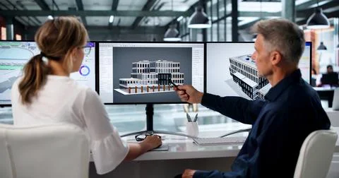 Two Engineers Discuss 3D Building Plans Using BIM Software On Screen. Stock Photos