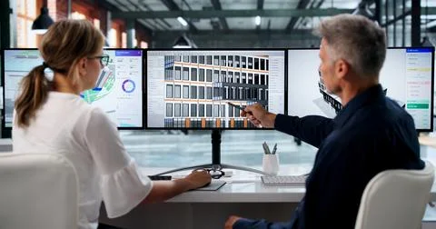 Two Engineers Discuss 3D Building Design Using BIM Software On Computer Scree Stock Photos