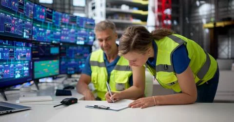 Two Engineers Discuss Project Details While Handing Over Shift At Aerospace L Foto stock