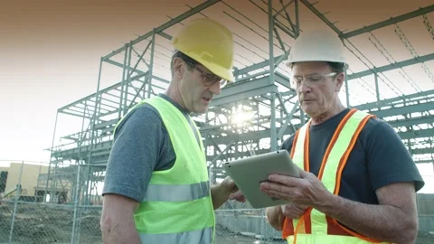 Two engineers discuss a project at a worksite, one supervising and using a table 動画素材 163163382