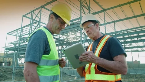 Two engineers discuss a project at a worksite, one supervising and using a table 動画素材 163163387