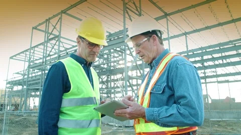 Two engineers discuss a project at a worksite, using a tablet and a cell phone 動画素材 163163396