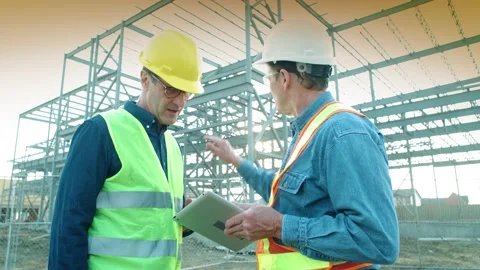 Two engineers discuss a project at a worksite, using a tablet and a cell phone 動画素材 163163407