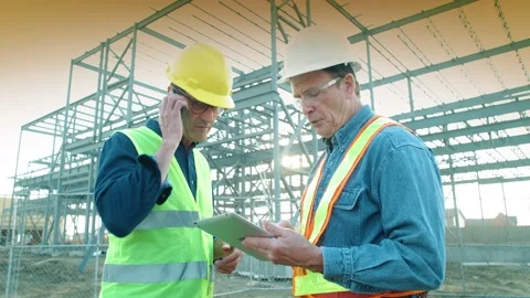 Two engineers discuss a project at a worksite, using a tablet and a cell phone 動画素材 163163429