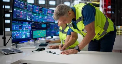 Two Engineers Discuss Shift Handover While Monitoring Rocket Data On Computer Foto stock
