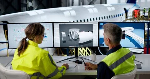 Two Engineers Examine Airplane Engine Parts On Screen Ensuring Safe Flight. Stock Photos