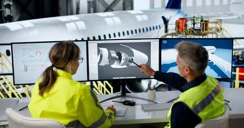 Two Engineers Examine Airplane Engine Parts On Screen To Improve Safety. Foto stock