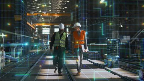 Two Engineers in Helmets and Safety Vests Walk Through High Tech Factory Stock Photos
