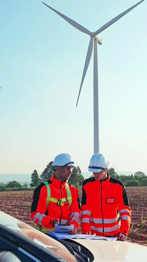 Two engineers in high-visibility gear review plans at a wind farm Stock Footage 329953837