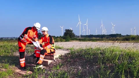Two engineers in high-visibility gear review plans at a wind farm Stock Footage 329953907