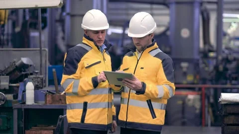 Two engineers at an industrial plant. Two workers control the work at the Stock Footage 171775473