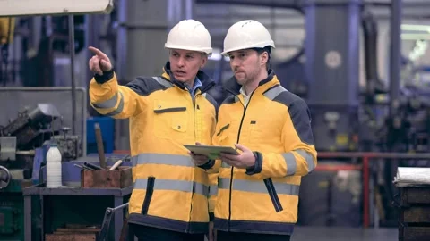 Two engineers at an industrial plant. Two workers control the work at the Stock Footage 172016186