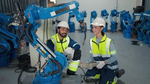 Two engineers inspect robotic arm in factory Stock Footage 340978037