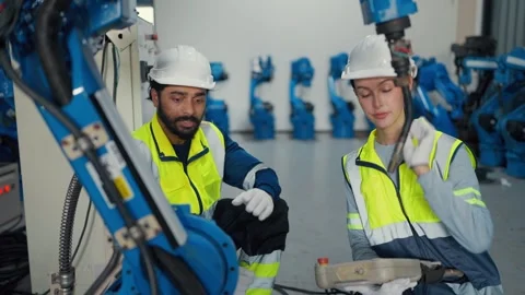 Two engineers inspect robotic arm in factory Stock Footage 340978049