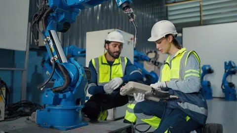 Two engineers inspect robotic arm in factory Stock Footage 340978469