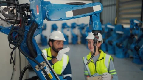 Two engineers inspect robotic arm in factory Video stock 340986541